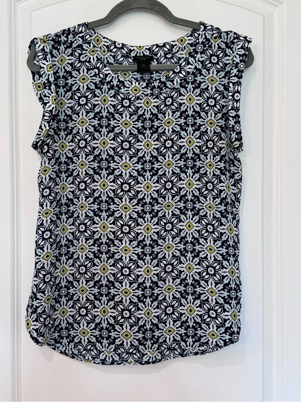 Ann Taylor Navy and White Printed Cap-Sleeve